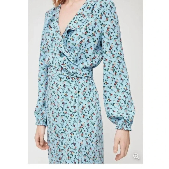 Aritzia Little Moon Elm Blue Floral Wrap Midi Dress Cottagecore Prairie Ruffles - Picture 4 of 8